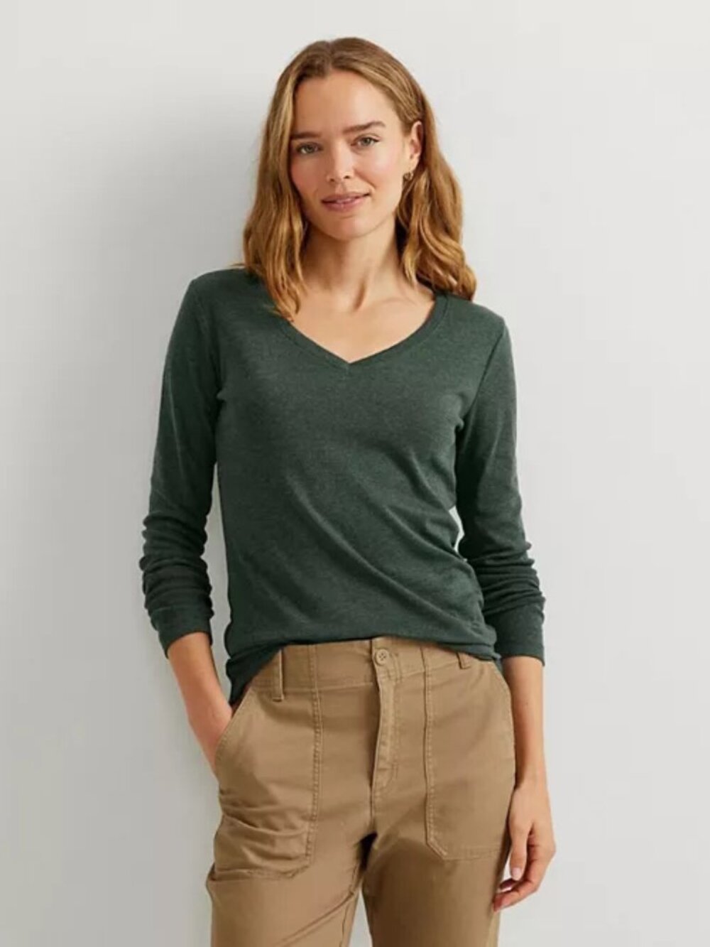 NWT New Eddie Bauer Long Sleeve Favorite V-Neck Tee In Dark Hunter Size XS